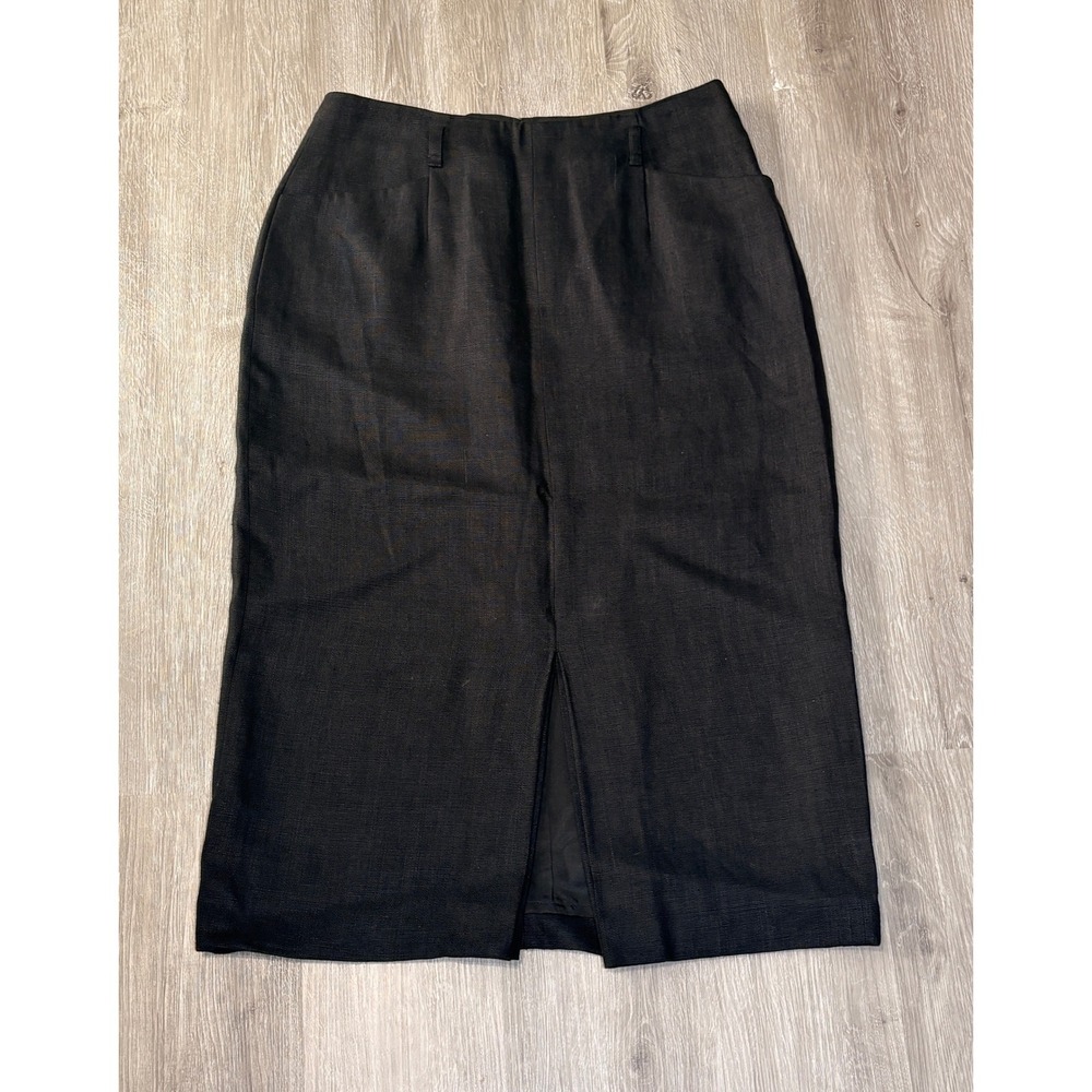 Austin Reed Black 100% Linen Midi Pencil Skirt Women Size 10 Front Vent Lined